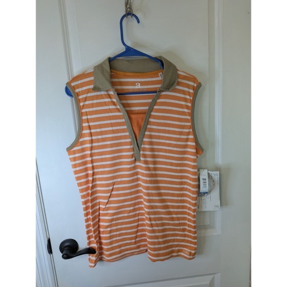Activology‎ Womens XL Orange White Striped Sleeveless Polo V-Neck Cotton Top NWT
